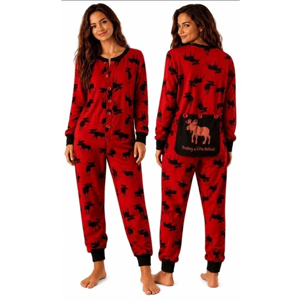 Hatley Little Blue House Pajama Red Moose Print Union Suit Bum Flap Small Cotton
